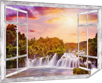 Gards Tuinposter Doorkijk Watervallen in het Bos - 180x120 cm - Tuindoek - Tuindecoratie - Wanddecoratie buiten - Tuinschilderij
