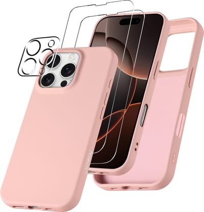 Hoesje Geschikt voor iPhone 16 Pro Max – Zacht siliconen liquid backcover met 2x screenprotectors gehard glas en 1x lens protector – Zand