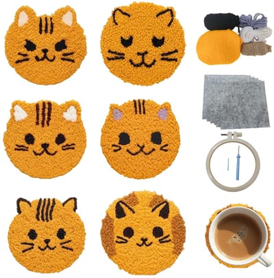 Punch Needle Kit voor Onderzetters - 6 Set DIY Dieren Kat Thema voor Beginners, Stapsgewijze handleiding Maak Onderzetters voor Volwassenen of Kinderen, met Pre Gestempeld Borduurstof