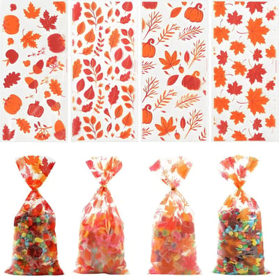 100 Stuks Herfst Thanksgiving Cadeautasjes met Strikjes - Transparante Plastic Tassen voor Snoep, Koekjes en Feestjes met Bladeren en Pompoenen