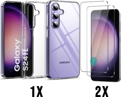 Casemania Hoesje + Glas Geschikt voor Samsung Galaxy S24 FE - Transparant - Siliconen Back Cover + 2X Glazen Screenprotector