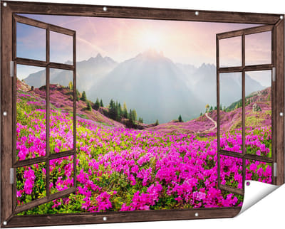 Gards Tuinposter Doorkijk Rhododendron Bloemenveld in de Alpen - 150x100 cm - Tuindoek - Tuindecoratie - Wanddecoratie buiten - Tuinschilderij
