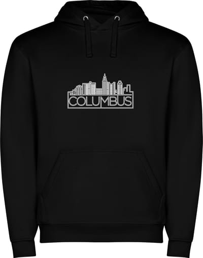 Zwarte unisex hoodie met “ Sky Line Columbus Ohio – Vakantiegevoel – Strak – Modern “ Print Full Color Color merk Roly maat S