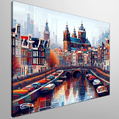 Abstract amsterdam schilderij | Amsterdamse chaos in bruisende kleuren: Een abstract kunstwerk ontrafeld | Kunst - 60x60 centimeter op Canvas | Foto op Canvas