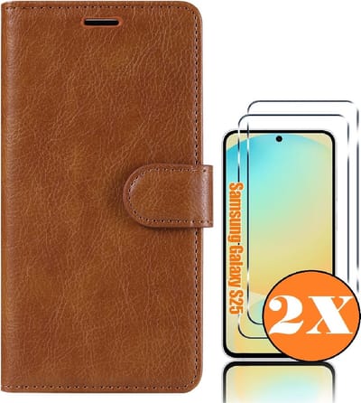 Hoesje geschikt voor Samsung Galaxy S25 bookcase Bruin - Met screenprotector tempered glass Galaxy S25 - 2x