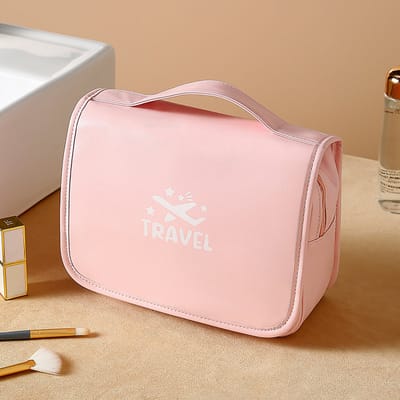 Toilettas Ophangbaar, Make-Up Tasje met Haak, Make Up Koffer, Reistas, Beautycase, Toilettas Dames, Make Up Tas Organizer, Make Up Etui, Reistas, Beautycase Koffer, Toilettas voor op Reis met Draaggreep en Haak, PU-LEER, Waterdicht, 41x24x8 CM, ROZE
