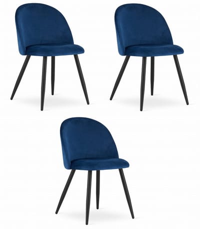 Set van 3 Stoelen BELLO - Donkerblauw Velvet, Zwarte Metalen Poten, Modern Design en Uitstekend Zitcomfort voor Woonkamer, Slaapkamer, Eetkamer of Kantoor, Max. 120 kg