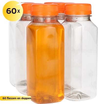 60 x Sapfles Plastic 250 ml - Vierkant - R-PET Flessen met Dop Oranje- Gerecycled PET - tot 60% minder Co2 uitstoot - 60 stuks