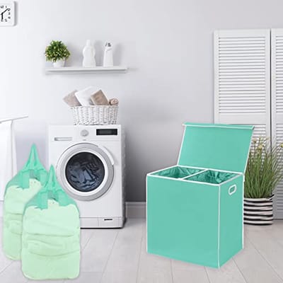 Dubbele Wasmand met Deksel en Afneembare Waszakken - Turquoise