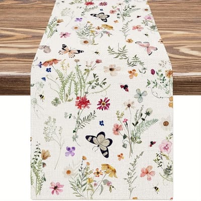 Lentewilde bloemen, Vlinders, Linnen, Tafelkleed, Aquarelbloemontwerp, Bruiloft Interieur En Exterieur Tafelblad Decoratie 33x230cm