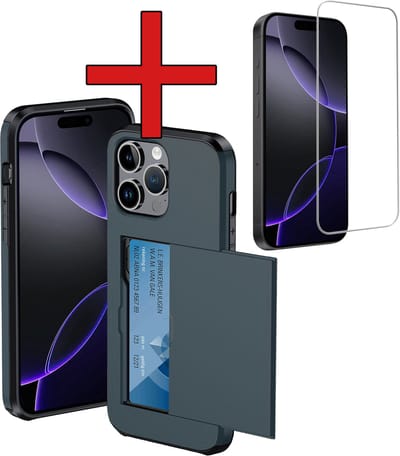Hoesje Geschikt voor iPhone 16 Pro Hoesje Met Pasjeshouder Hard Case Met Kaarthouder Met Screenprotector - Hoes Geschikt voor iPhone 16 Pro Hoesje Pashouder Case - Donkerblauw