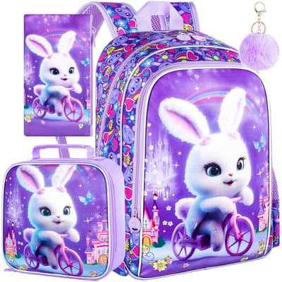 3 Stuks Vlinder Rugzak, 16” Kinder Meisjes Schooltas met Lunchbox, Waterbestendige Basisschool Tas voor Kleuterschool Peuterschool purple
