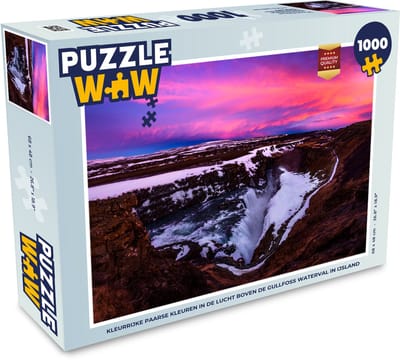 Puzzel Kleurrijke paarse kleuren in de lucht boven de Gullfoss waterval in IJsland - Legpuzzel - Puzzel 1000 stukjes volwassenen