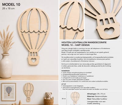 Houten Luchtballon Wanddecoratie Model 10 – Maan & Sterren Design – 28 × 18 cm – Laser Gesneden Berkenmultiplex – Kinderkamer Decoratie
