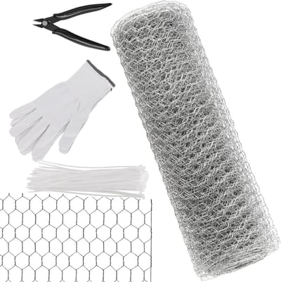 2 Stuks 40cm x 5m Kippengaas, Gegalvaniseerd Hexagonaal Fencing Draad met Kniptang, Kabelbinders en Handschoenen voor Tuin, Plantenbescherming en Doe-Het-Zelf Projecten