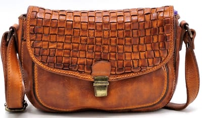 Hillburry Kleine Schoudertasje van Gewassen Leer met Vlechtwerk cognac - (bxhxd) ca. 22cm x 15cm x 5cm