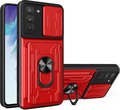 Hoesje Geschikt Voor Samsung Galaxy S21 FE hoesje met pashouder - camera bescherming cover en ring houder – rood – oTronica