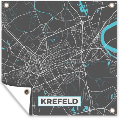 Tuin poster Duitsland – Blauw – Krefeld – Stadskaart – Kaart – Plattegrond - 200x200 cm - Tuindoek