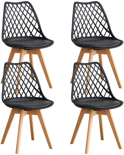 QUESTYR Set van 4 Eetkamerstoelen – Zwart – Scandinavisch Design – Mesh Rugleuning & Houten Poten – Comfortabele PU‑Lederen Stoelen voor Keuken & Eetkamer