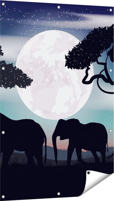 Gards Tuinposter Olifanten Silhouet tijdens Volle Maan - 80x120 cm - Tuindoek - Tuindecoratie - Wanddecoratie buiten - Tuinschilderij