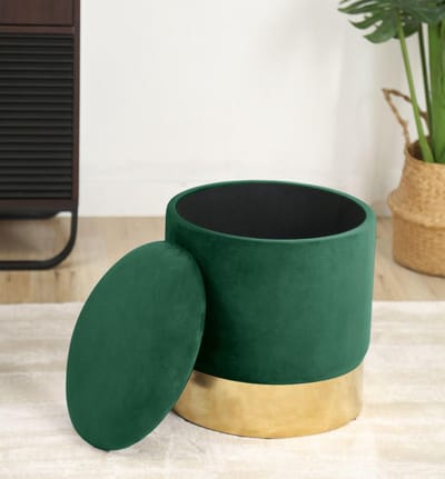 Zitkruk Fluweel - Voetenbank Opberger - Extra Zitplaats - Stalen Gouden Poot - 39x39x40 cm - Flessengroen