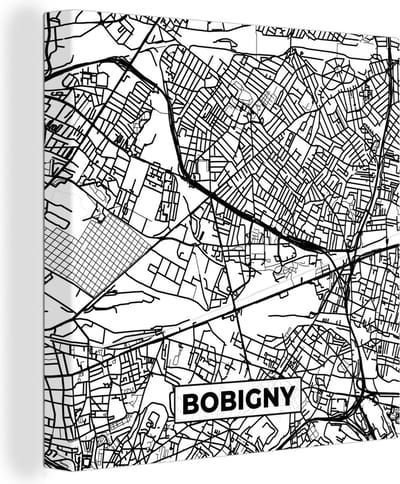 Canvas Schilderij Stadskaart - Frankrijk - Bobigny - Kaart - Plattegrond - Zwart wit - 20x20 cm - Wanddecoratie