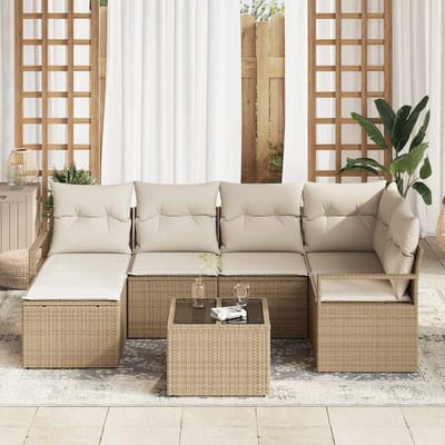 vidaXL Bankstel met kussen met opslag 7 pcs Beige en Crème poly rattan