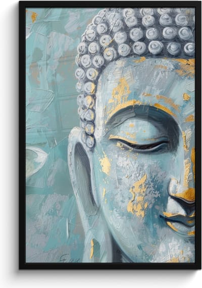 Poster in lijst - Fotolijst 60x90 cm - Posters - Boeddha - Bloem - Lotus - Goud - Blauw - Posterlijst zwart - Decoratie - Wanddecoratie woonkamer - Muurdecoratie slaapkamer