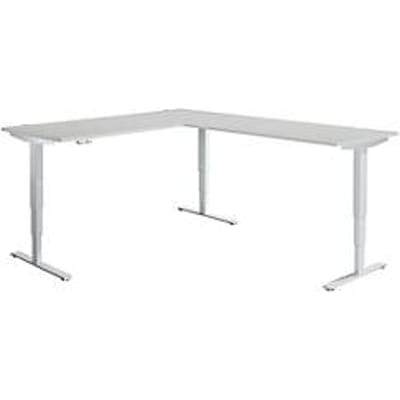 AERO FLEX hoekbureau, elektrisch in hoogte verstelbaar, hoek 90°, T-voet, B 2000 x D 2400 mm, aluminium lichtgrijs/wit + memorypaneel