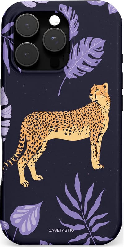 Casetastic hoesje geschikt voor Apple iPhone 16 Pro - MagSafe - Dubbellaagse bescherming - Cheetah snelheid - Fashion Case - Donkerblauw Lavendel