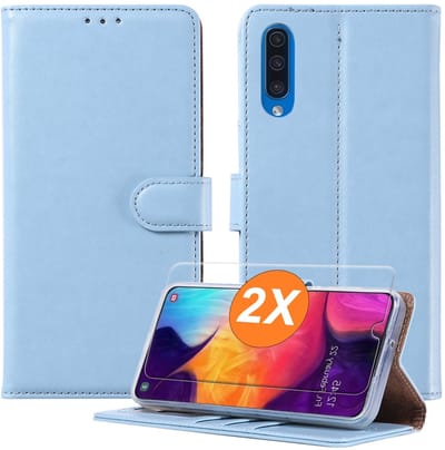 Hoesje geschikt voor Samsung Galaxy A12 hoesje Blauw pasjeshouder telefoon hoes - Met screenprotector tempered glass voor Galaxy A12 - 2x