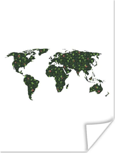Poster 120x160 cm - Wereldkaart - Planten - Groen - Posters - Kamer decoratie - Wanddecoratie woonkamer - Muurdecoratie slaapkamer XXL