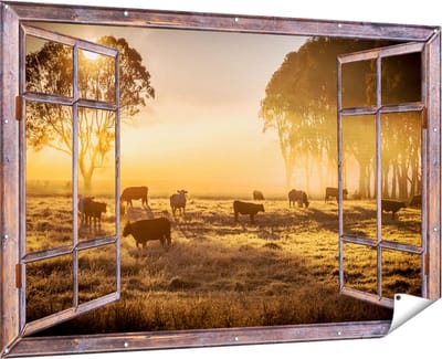 Gards Tuinposter Doorkijk Kudde Koeien in de Wei met Zonsopkomst - 180x120 cm - Tuindoek - Tuindecoratie - Wanddecoratie buiten - Tuinschilderij