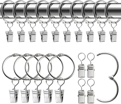 Dailygoods- Gordijnringen met Clips - 30 Stuks - Zilveren Gordijnklemmen - Binnendiameter 32 mm - Voor Gordijnen/Douchegordijnen - Sterke Beet - Gordijnclips