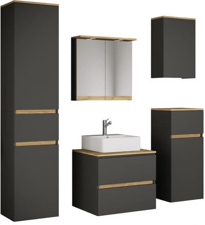 VCM 6-tlg. Waschtisch Set mit Keramikbecken, Badschrank mit 2 Softclose-Schubladen, Hochschrank, Midischrank, Hängeschrank, Spiegelschrank mit Beleuchtung und Steckdose, Maße Unterschrank H. 51 x B. 60 x T. 51 cm, Cosila-A