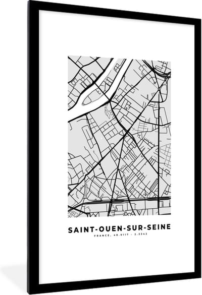 Fotolijst incl. Poster - Kaart – Stadskaart – Frankrijk - Saint-Ouen-sur-Seine - Plattegrond - 80x120 cm - Posterlijst