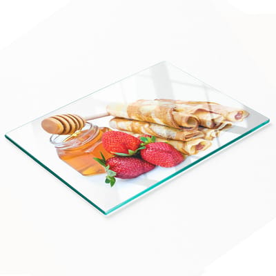Decoratieve glazen snijplank voor in de keuken met afbeelding van heerlijke pannenkoeken, 80x52 cm