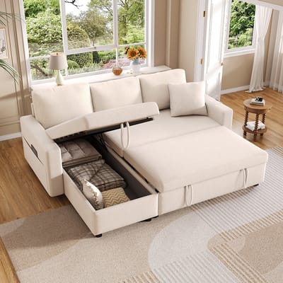 Pugsdrly Slaapbank met slaapfunctie, L-bank, slaapbank met chaise longue en opbergruimte, met opbergruimte voor tassen, slaapbank voor de woonkamer, chaise longue links en rechts verwisselbaar. Beige.