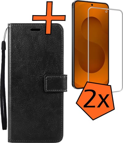 Hoes - Met Screenprotector - Geschikt voor Samsung Galaxy S25 FE - Luxe Pasjeshouder - Bookcase Portemonee - Flip Case - Kunstleer Book Case - Flipcase - Book Cover - Walletcase - PortemonneeHoes - Zwart