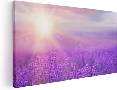 Artaza Canvas Schilderij Lavendelveld - 40x20 cm - Klein - Wanddecoratie Bloemen - Muurdecoratie Zonsondergang - Decoratie Paars