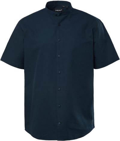 Men Plus - Heren - Overhemd korte mouw opstaande kraag seersucker comfort fit - Navy blauw - Maat L