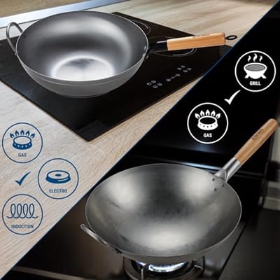 Wokpan voor Inductie en Gas met Houten Handvat - Inclusief Receptenboek
