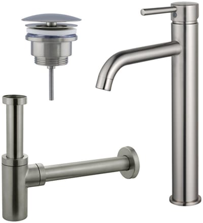 FugaFlow Eccelente Sobrado Badkamer Wastafelkraanset - verhoogde wastafelkraan - always open plug - design sifon - PVD Geborsteld RVS