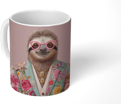 Mok - Koffiemok - Luiaard - Bloemenprint - Bril - Roze - Mokken - 350 ML - Beker - Koffiemokken - Theemok