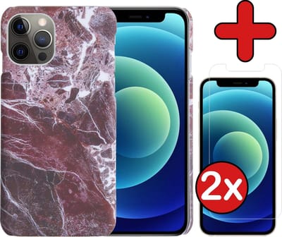 Hoesje Geschikt voor iPhone 12 Pro Hoesje Marmer Hardcover Fashion Case Hoes Met 2x Screenprotector - Hoes Geschikt voor iPhone 12 Pro Marmer Hoesje Hardcase Back Cover - Rood