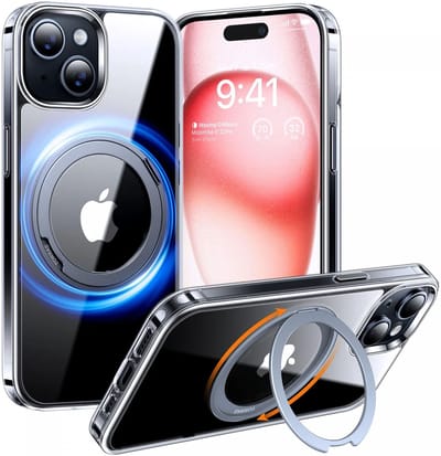 TORRAS Hoesje Geschikt voor Apple iPhone 15 - UPro Ostand Pro - Compatibel met MagSafe - Back Cover met Magneet - Draaibare Ring Standaard - Transparant