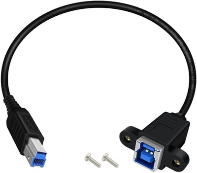 USB 3.0 Type B Plug naar Bushing, Paneelmontage, Hoogwaardige USB B Verlengkabel, 5Gbps voor Printers en Scanners, Zwart, 0.3 m, Snelle Gegevensoverdracht, Duurzaam en Betrouwbaar