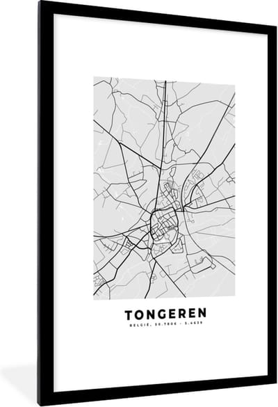 Fotolijst incl. Poster Zwart Wit- België – Tongeren – Stadskaart – Kaart – Zwart Wit – Plattegrond - 80x120 cm - Posterlijst