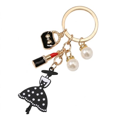 Goudkleurige dames sleutelhanger metalen sleutelhanger met jurk hanger, handtas bedel, lipstick detail en parel accenten, elegante keychain voor sleutels, tas of handtas