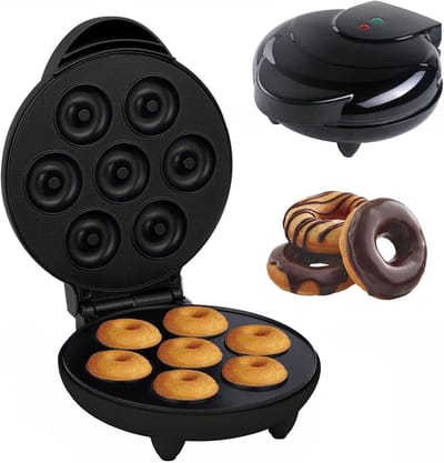 Mini Donut Maker - Bakvorm Apparaat - Desserts Maken - Dubbelzijdig Verwarmen - 7 Donuts - Zwart